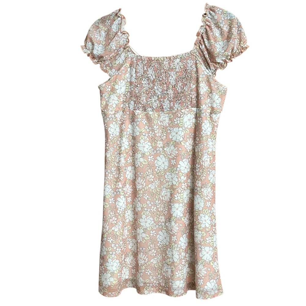 RSQ Mini Dress Womens XL Peach Excellent Floral Mesh Smocked Puff Sleeve